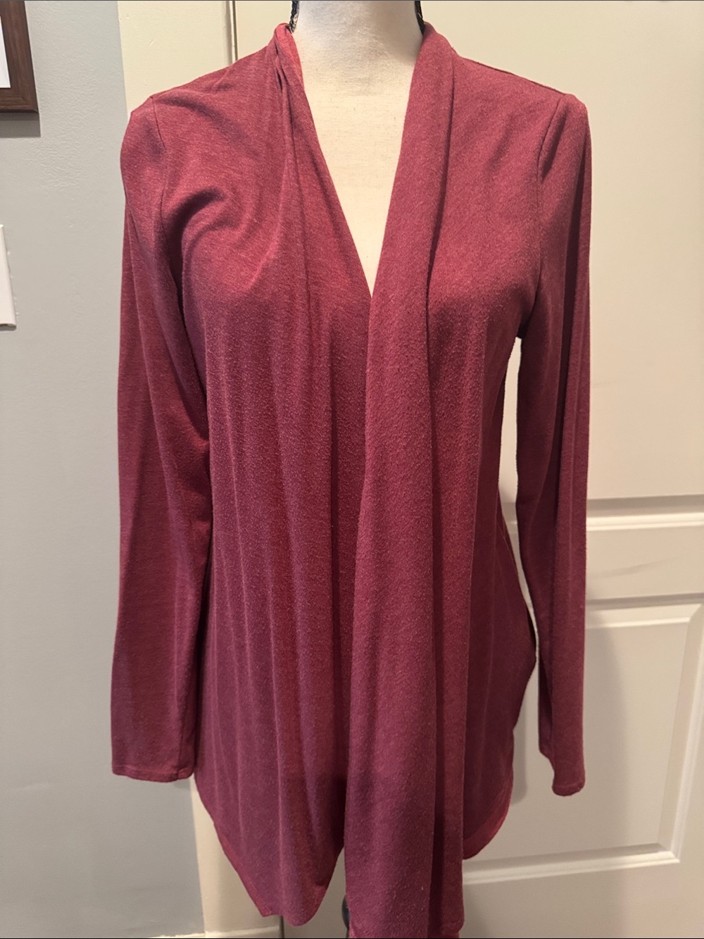 Sonoma Draped Open-Front Cardigan in Wine Red
